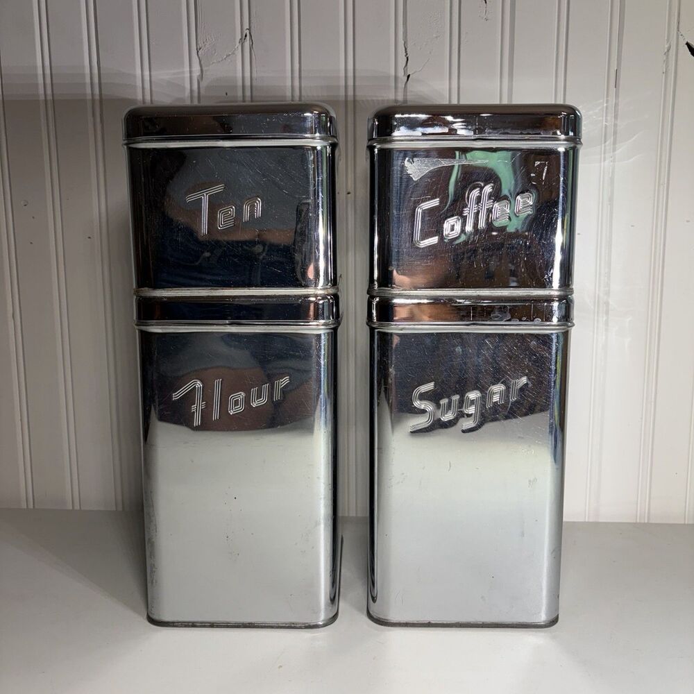 Vintage MCM Metal Chrome Canister Set - 4 Pcs with Lids - Masterware Canette